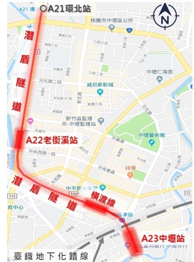 Schematic diagram of the network of A21 station (Huanbei Station) extending to A23 station (Zhongli Station of Taiwan Railway) on MRT Road